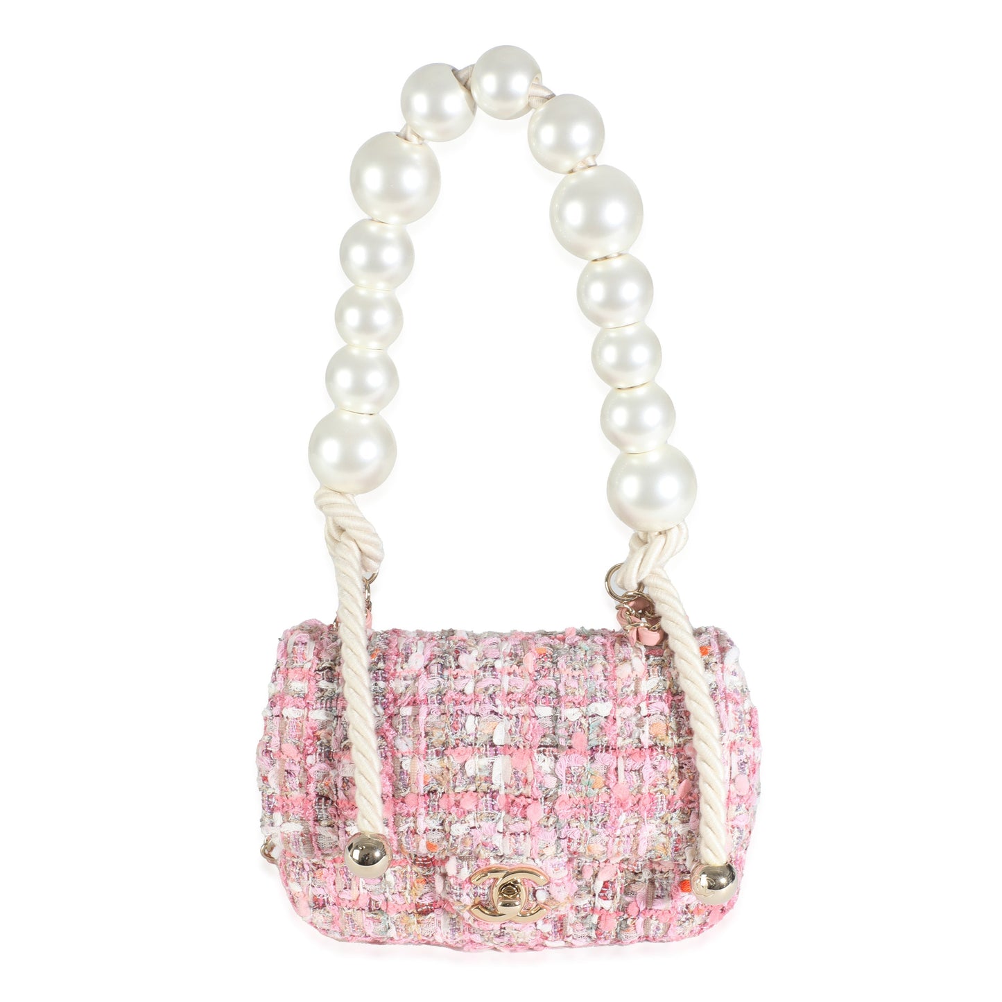Pink Multicolor Tweed Mini Pearl Handle Flap Bag