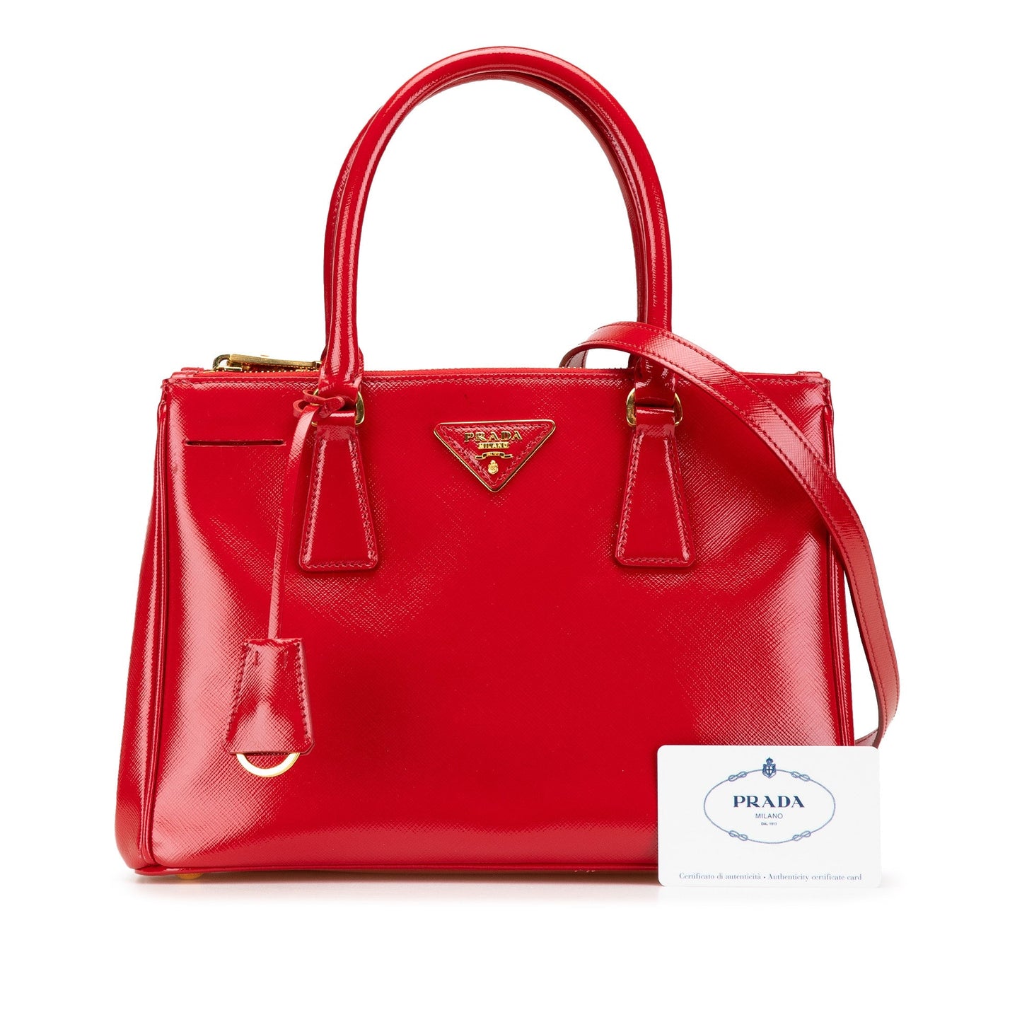 Prada Small Saffiano Vernice Galleria Double Zip Satchel Red