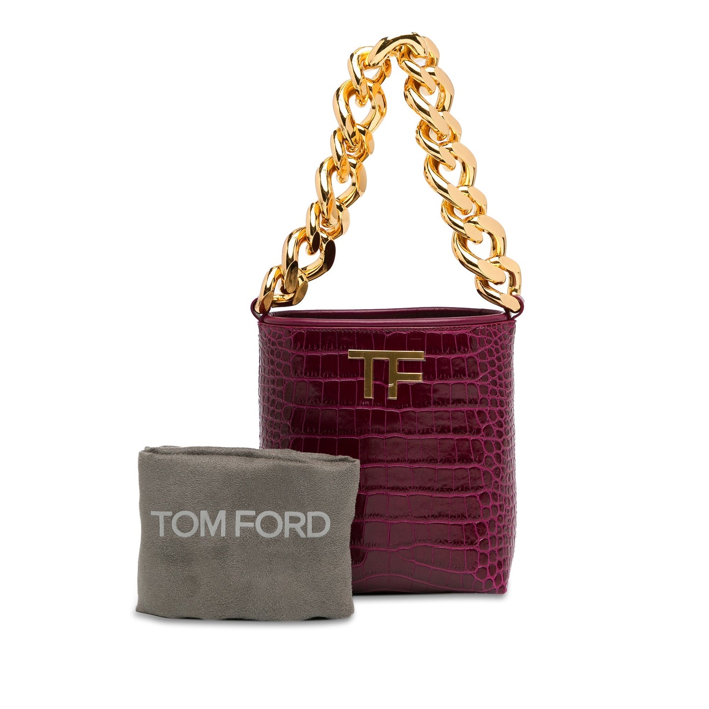 Tom Ford Mini Croc-Embossed Chain Bucket Bag Purple