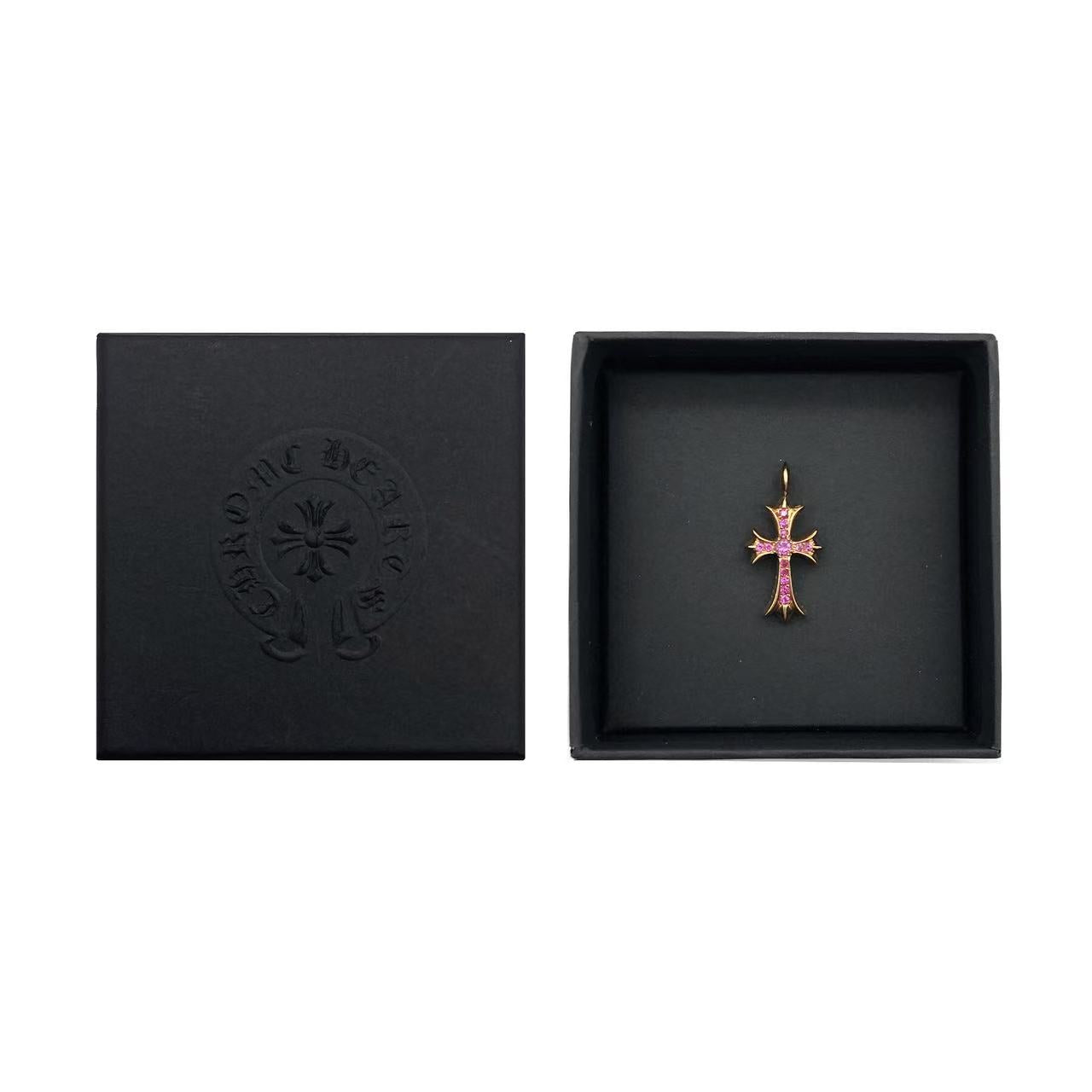 Chrome Hearts 22K Gold Pink Saph Tiny Cross Charm Pendant
