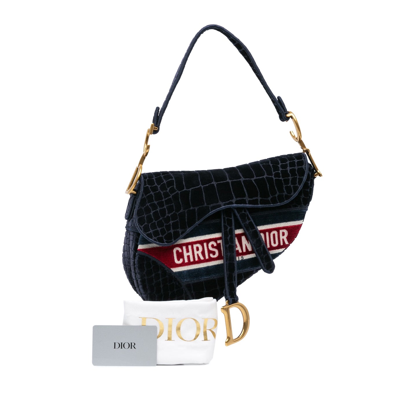 Dior Velvet Crocodile Effect Embroidered Saddle Bag Blue