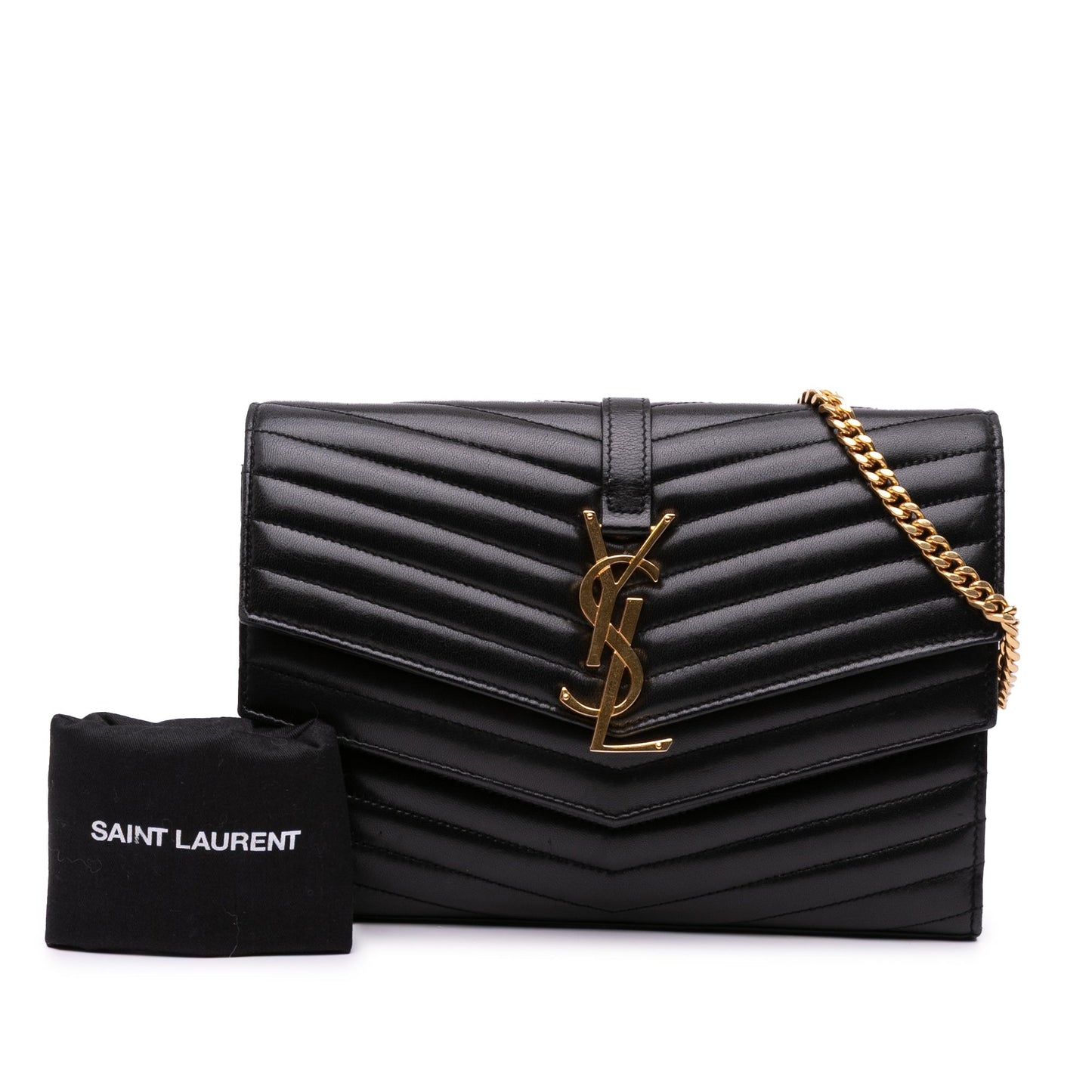 Saint Laurent Lambskin Chevron Monogram Sulpice Chain Wallet Black