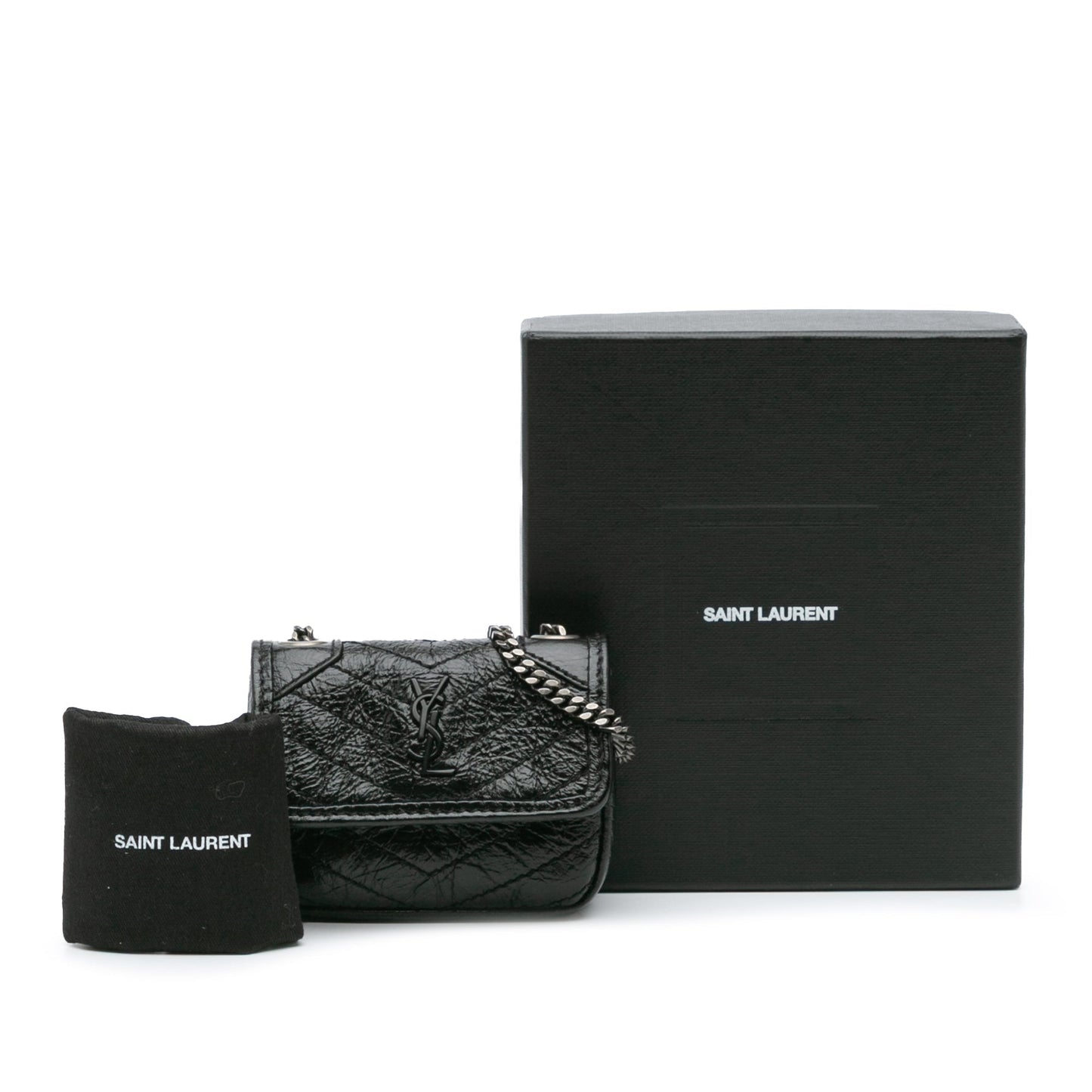 Saint Laurent Micro Crinkled Leather Niki Airpods Case with Chain Black
