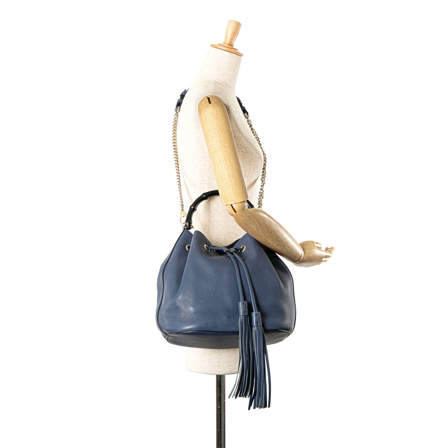 Gucci Leather Miss Bamboo Tassel Bucket Bag Blue