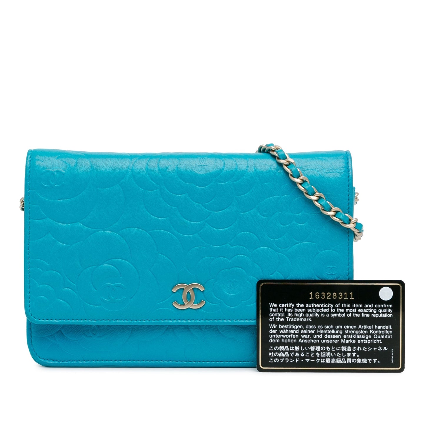 Chanel Lambskin Camellia Embossed Wallet On Chain Blue