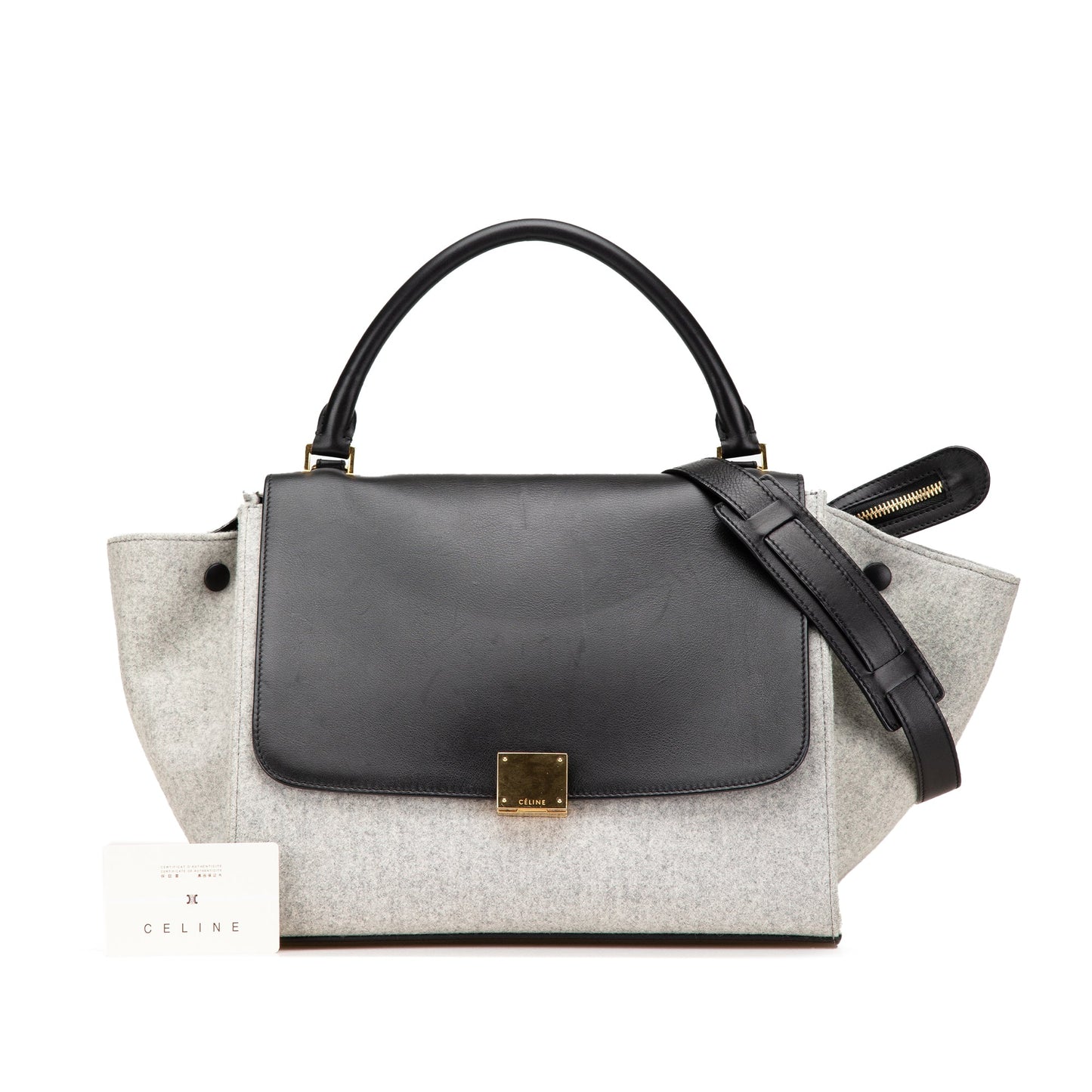 Celine Medium Wool and Calfskin Bicolor Trapeze Satchel Gray