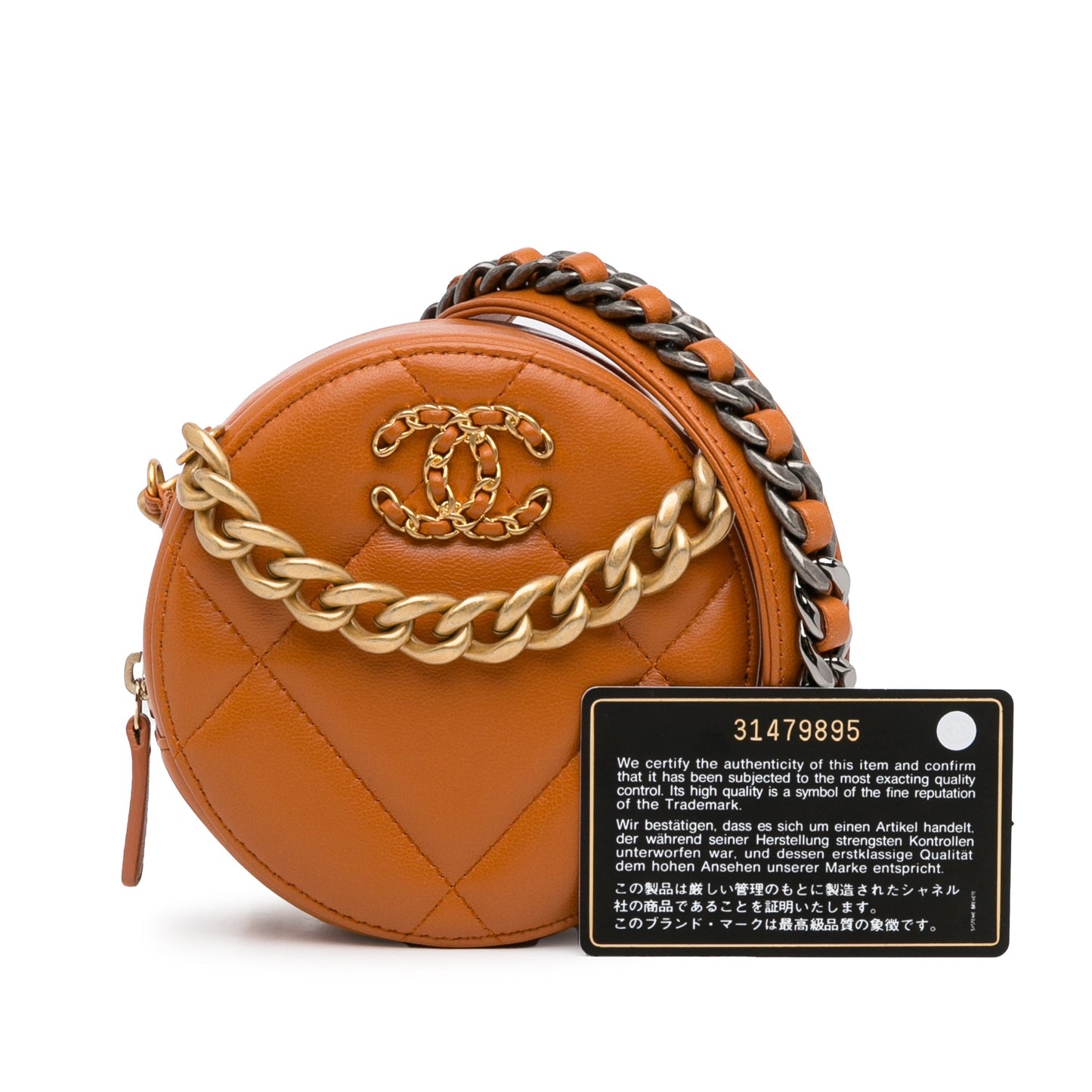 Chanel Lambskin 19 Round Clutch with Chain Brown