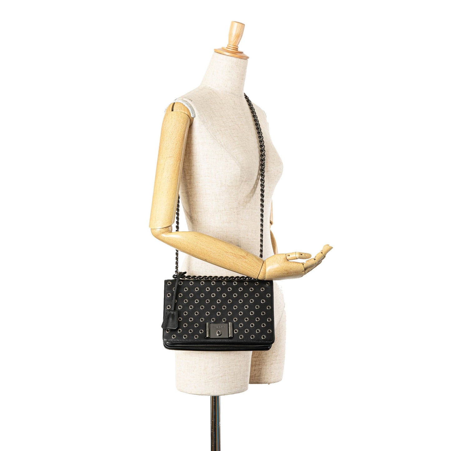 Prada Soft Calf Grommet Lock Flap Chain Shoulder Bag Black