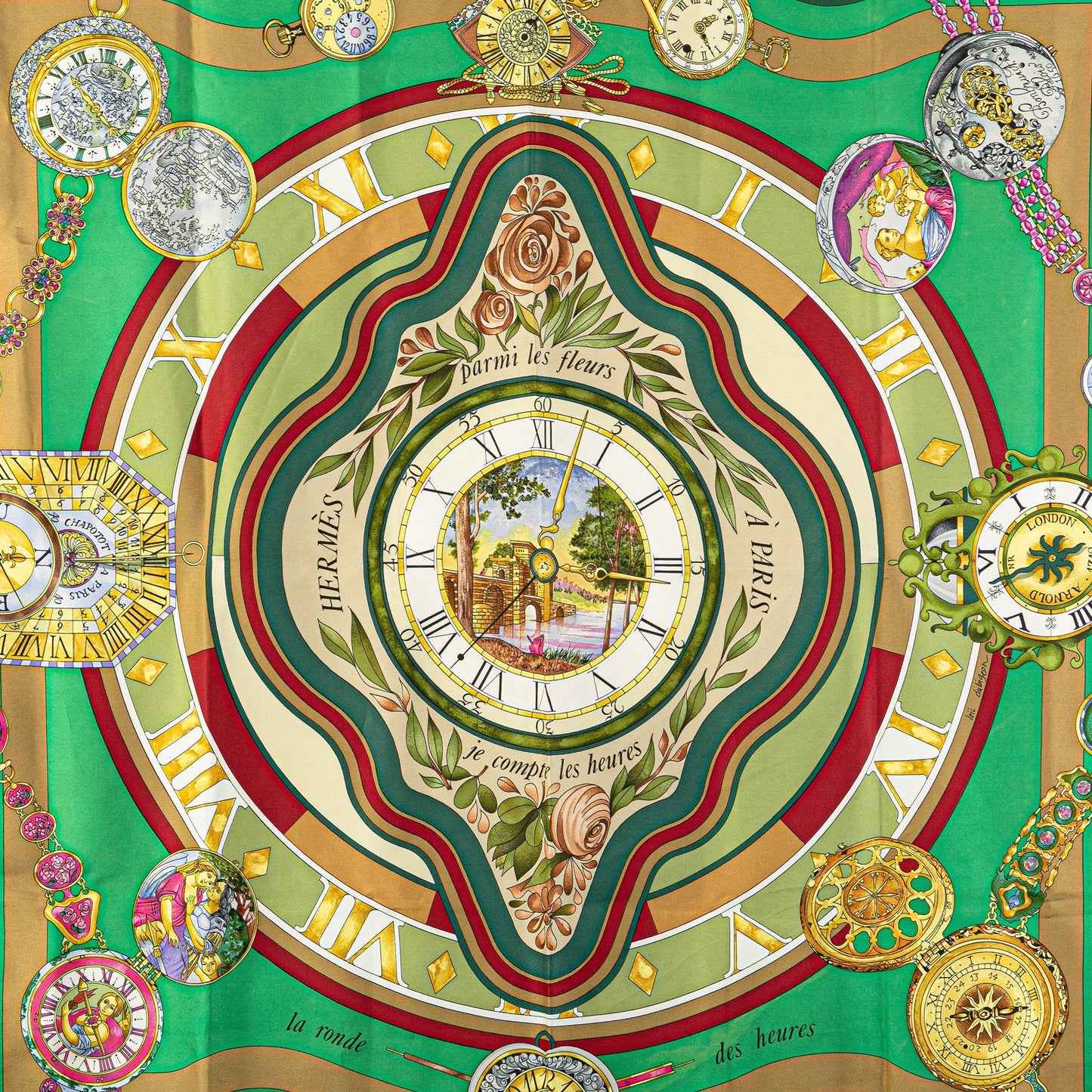Sattars Parmi les Fleurs Je Compte les Heures Silk Scarf Green