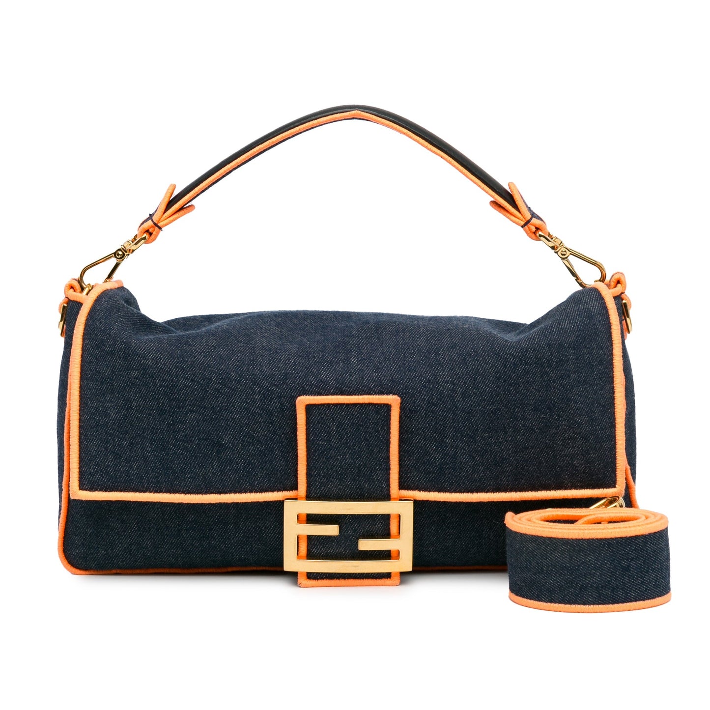 Fendi Large Denim Baguette Satchel Blue