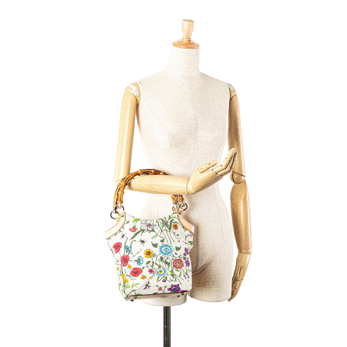 Gucci Canvas Bamboo Flora Handbag White