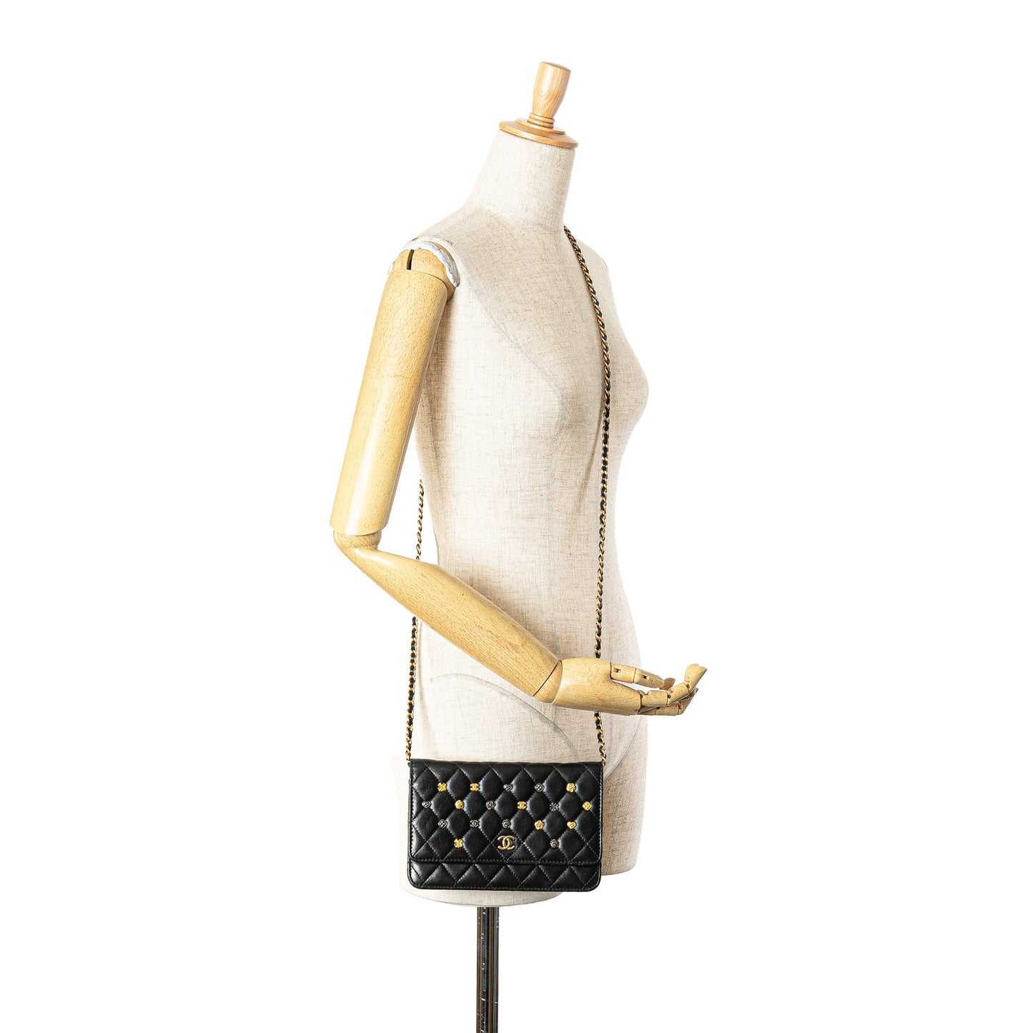 Chanel Quilted Studded Lambskin 18K Lucky Charms Wallet On Chain Black