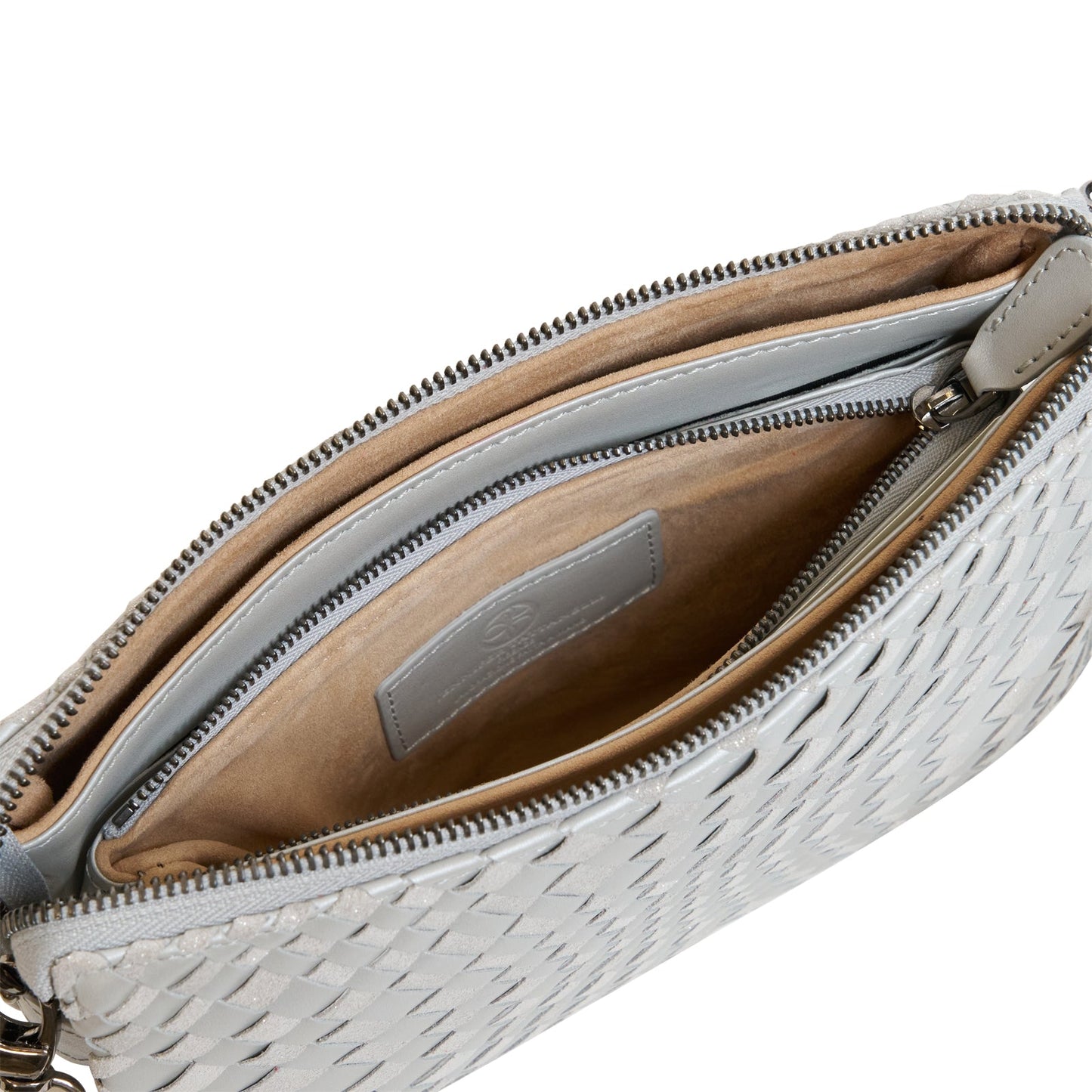 Woman Leather Clutch Intreccio Optical Shimmer Pearl Grey