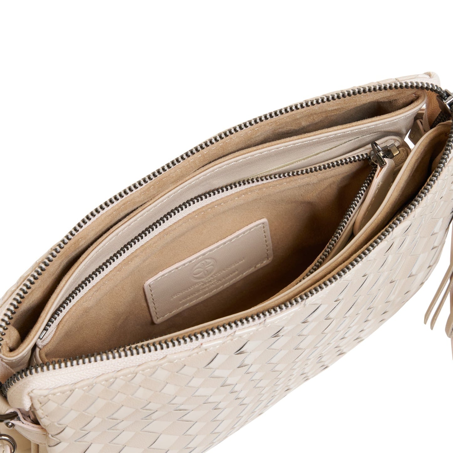 Woman Leather Clutch Intreccio Optical Nappa Patent Cipria
