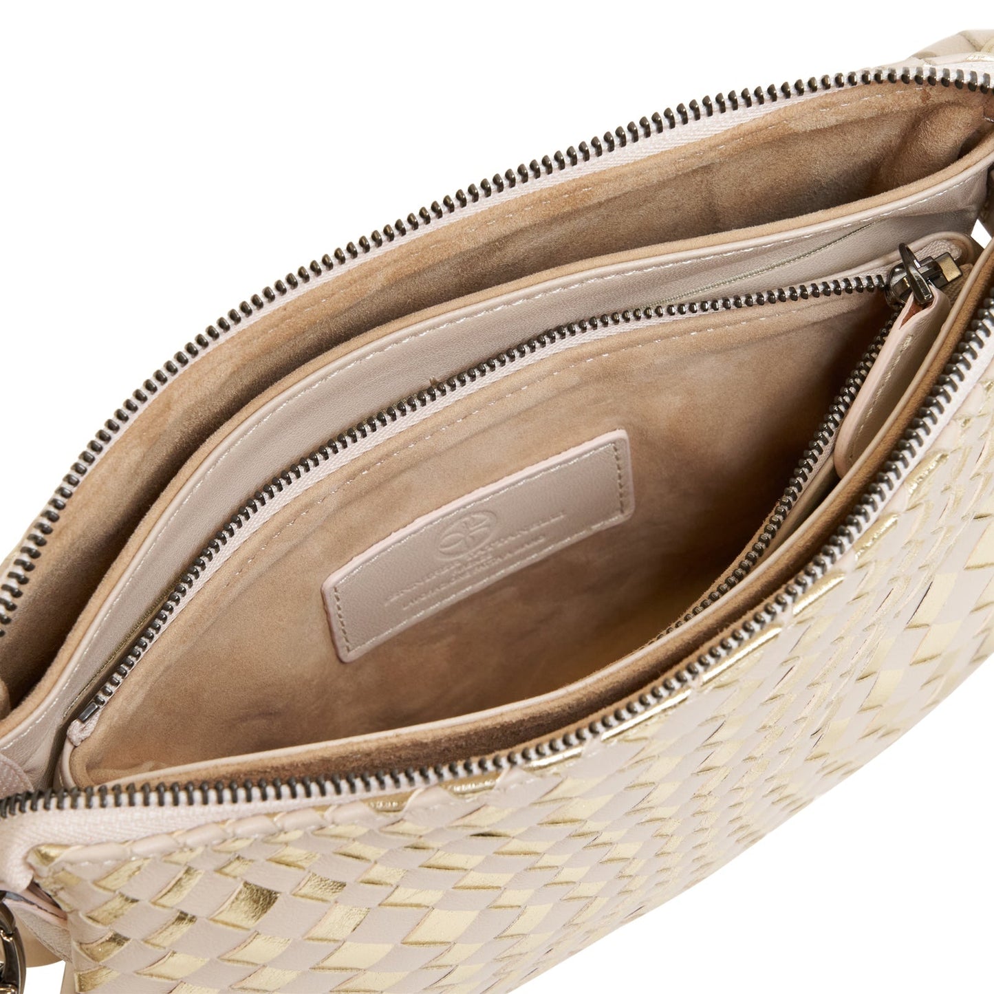 Woman Leather Clutch Intreccio Optical Beige and Platinum