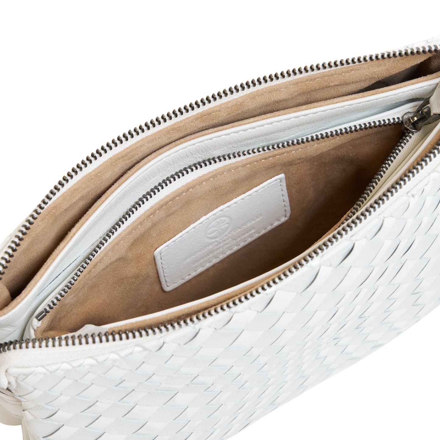 Woman Leather Clutch Intreccio Optical Nappa Patent White