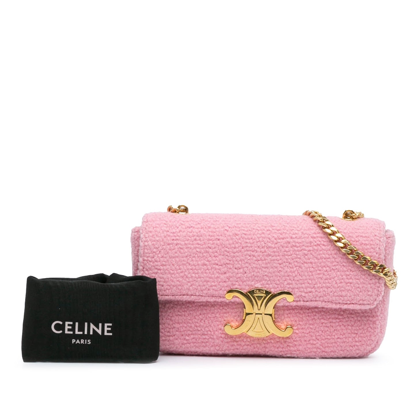 Celine Triomphe Tweed Claude Chain Shoulder Bag Pink
