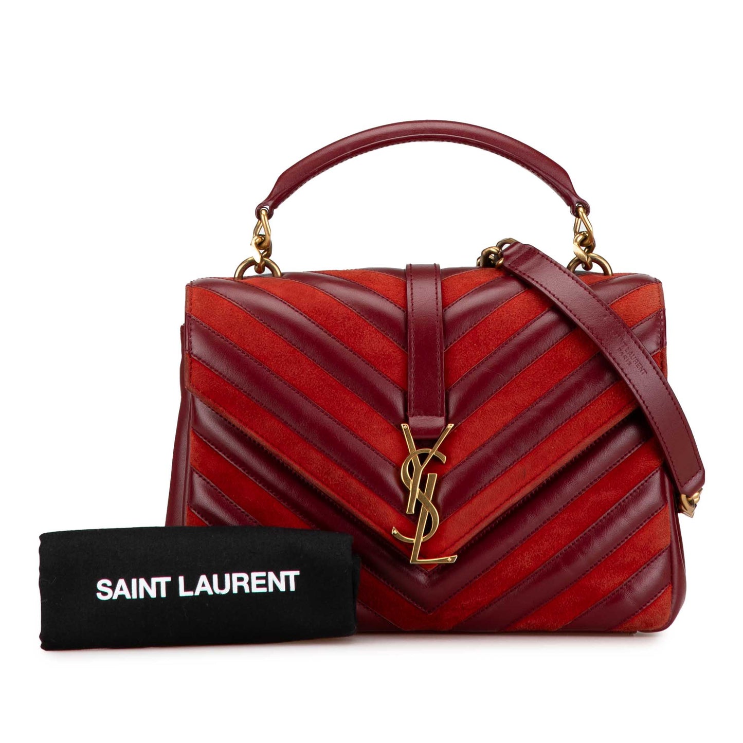 Saint Laurent Medium Calfskin and Suede Chevron Monogram College Satchel Red