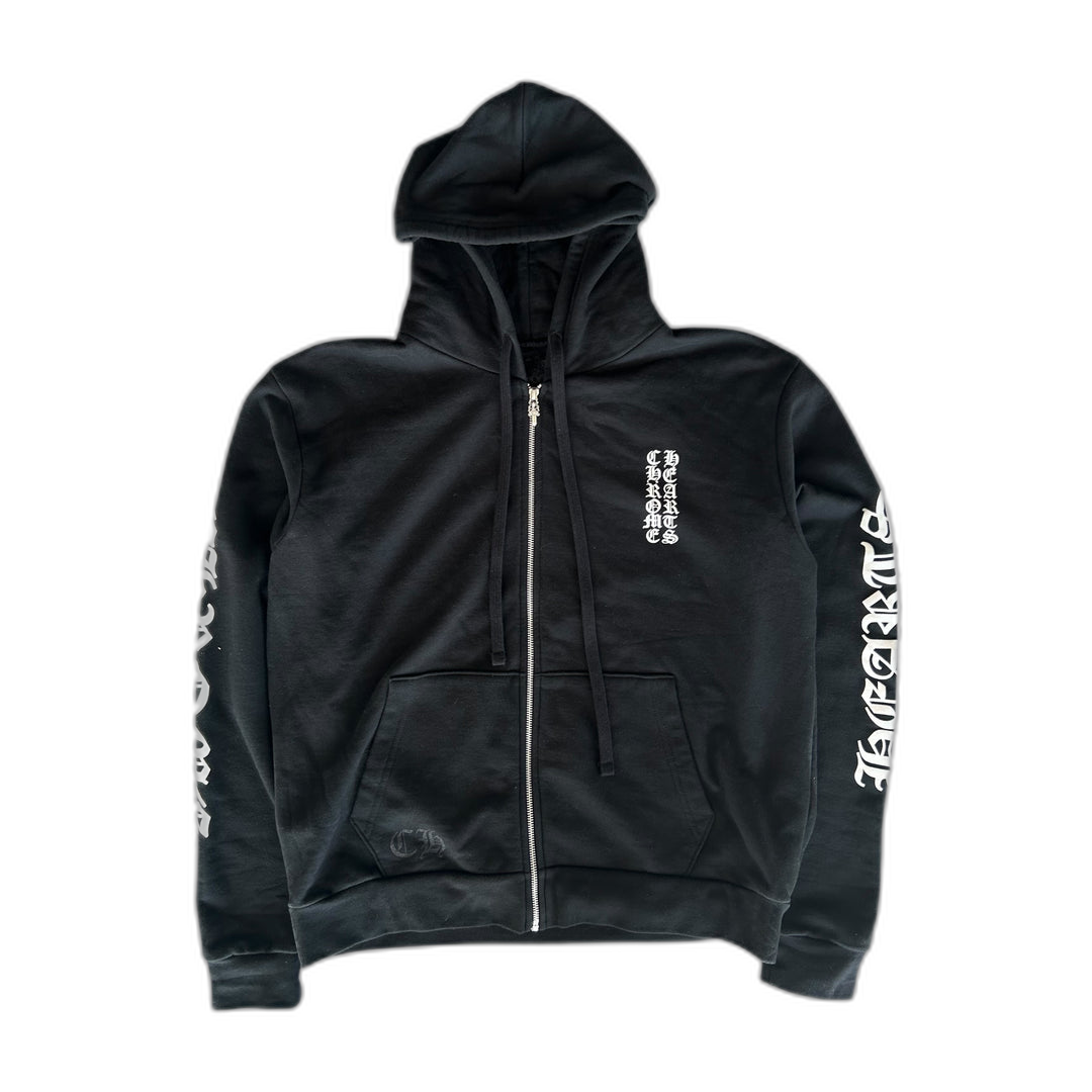 Chrome Hearts Black & White Script Print Zip Up Hoodie