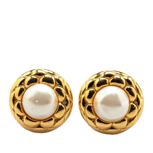 Chanel Gold Plated Faux Pearl Clip On Earrings Gold