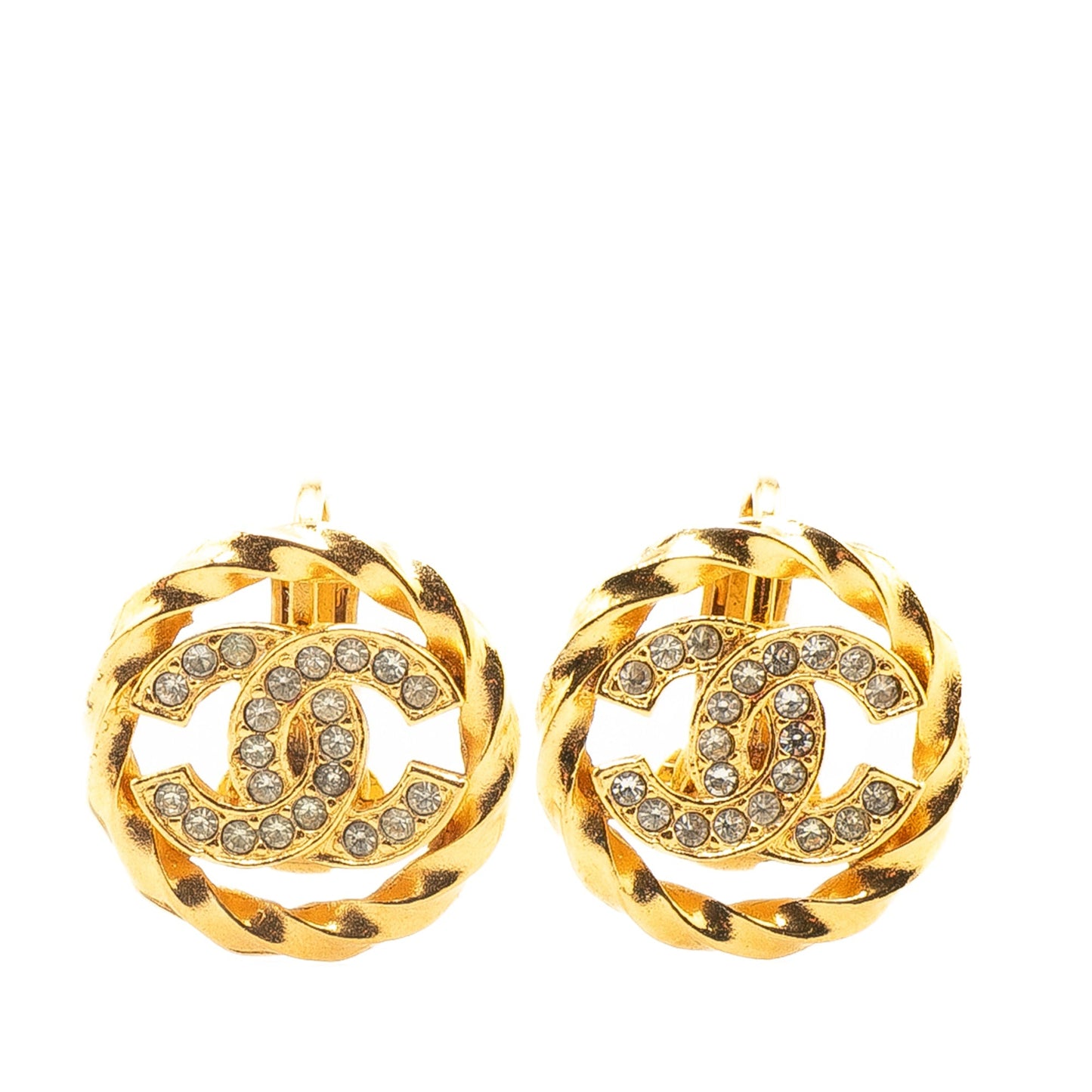 Chanel Gold Plated CC Rhinestones Clip On Earrings Gold