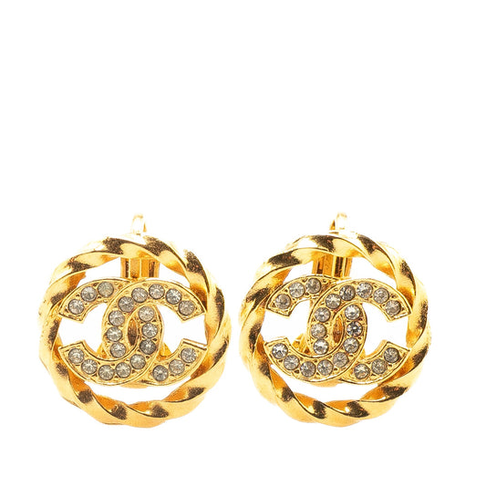 Chanel Gold Plated CC Rhinestones Clip On Earrings Gold