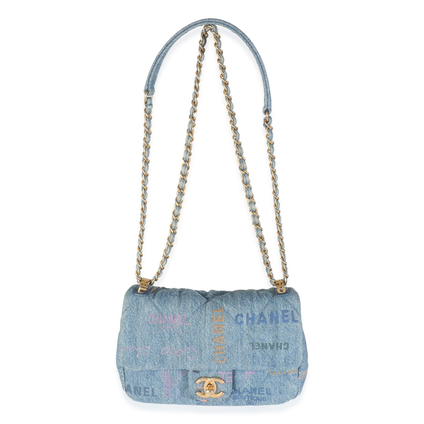 Blue Quilted Denim Printed Small Mood Flap Bag