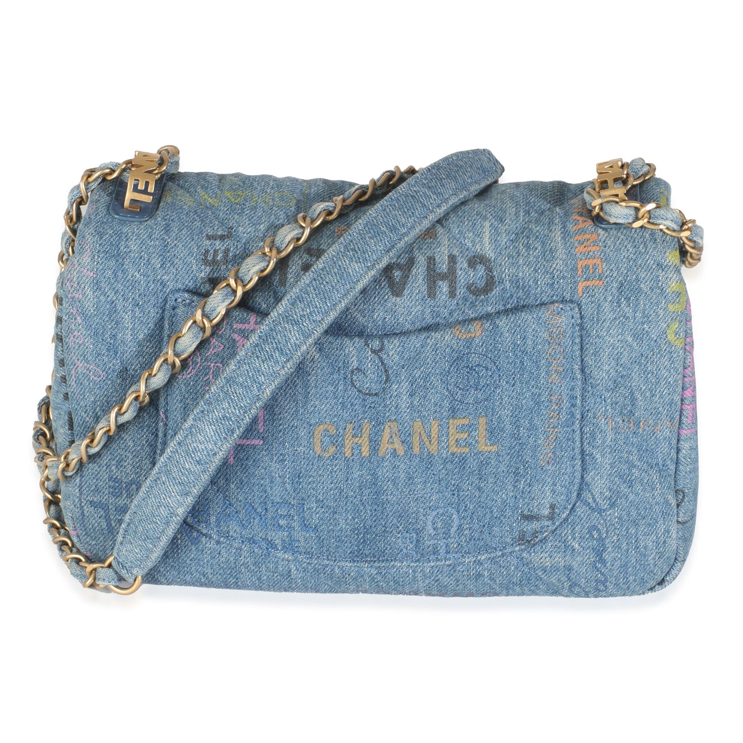 Blue Quilted Denim Printed Small Mood Flap Bag