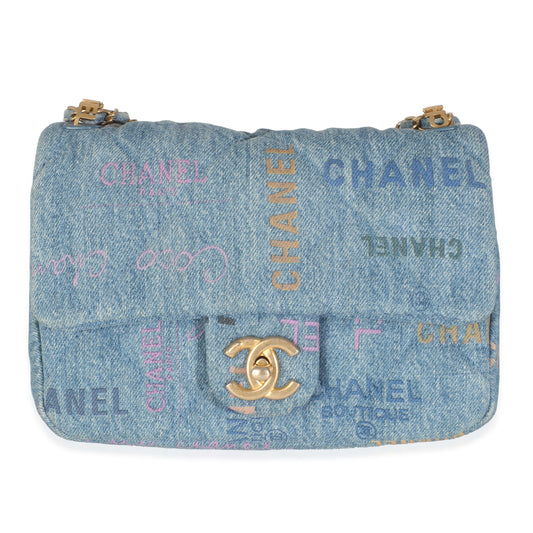 Blue Quilted Denim Printed Small Mood Flap Bag