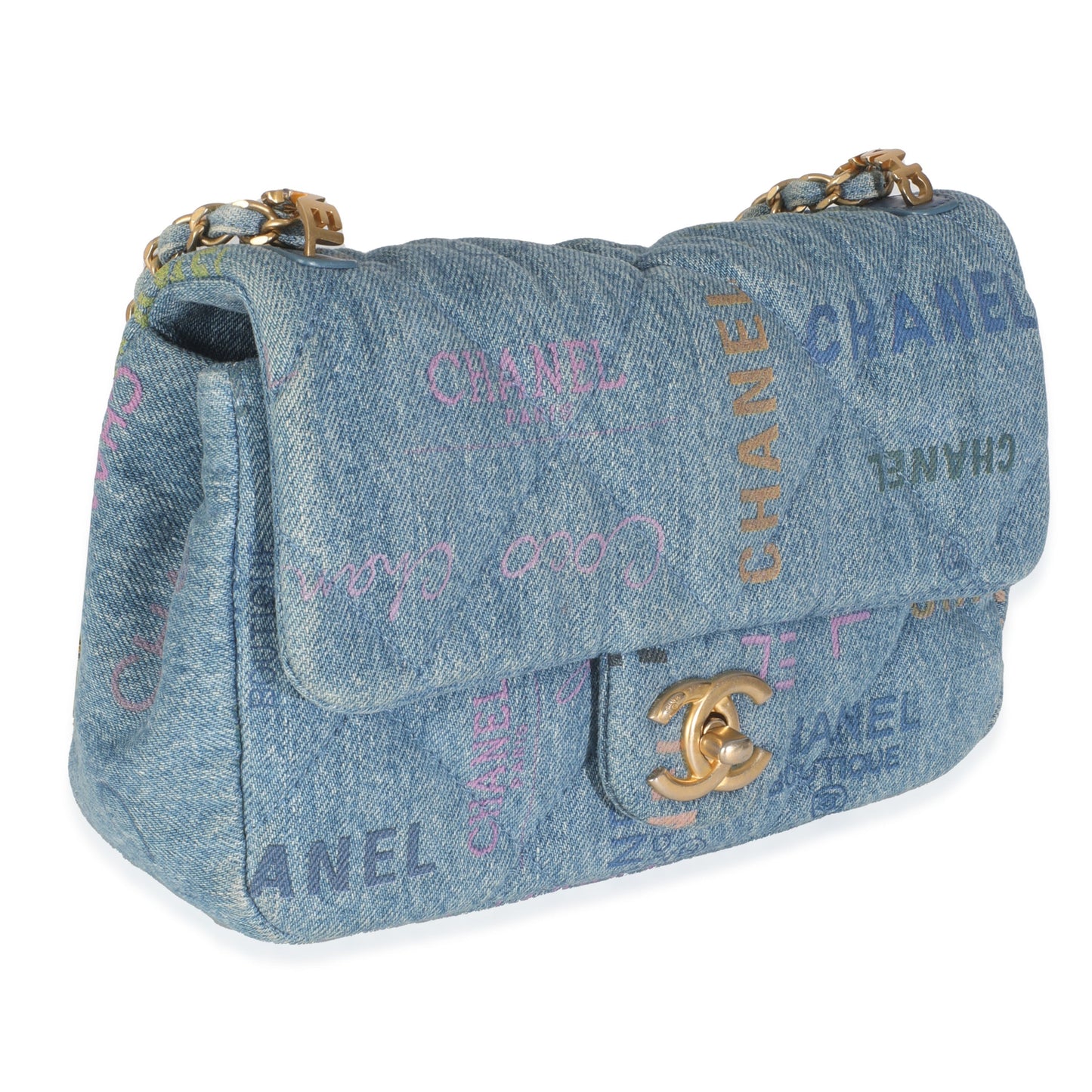 Blue Quilted Denim Printed Small Mood Flap Bag