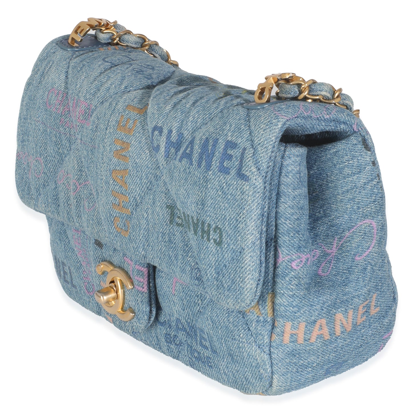 Blue Quilted Denim Printed Small Mood Flap Bag