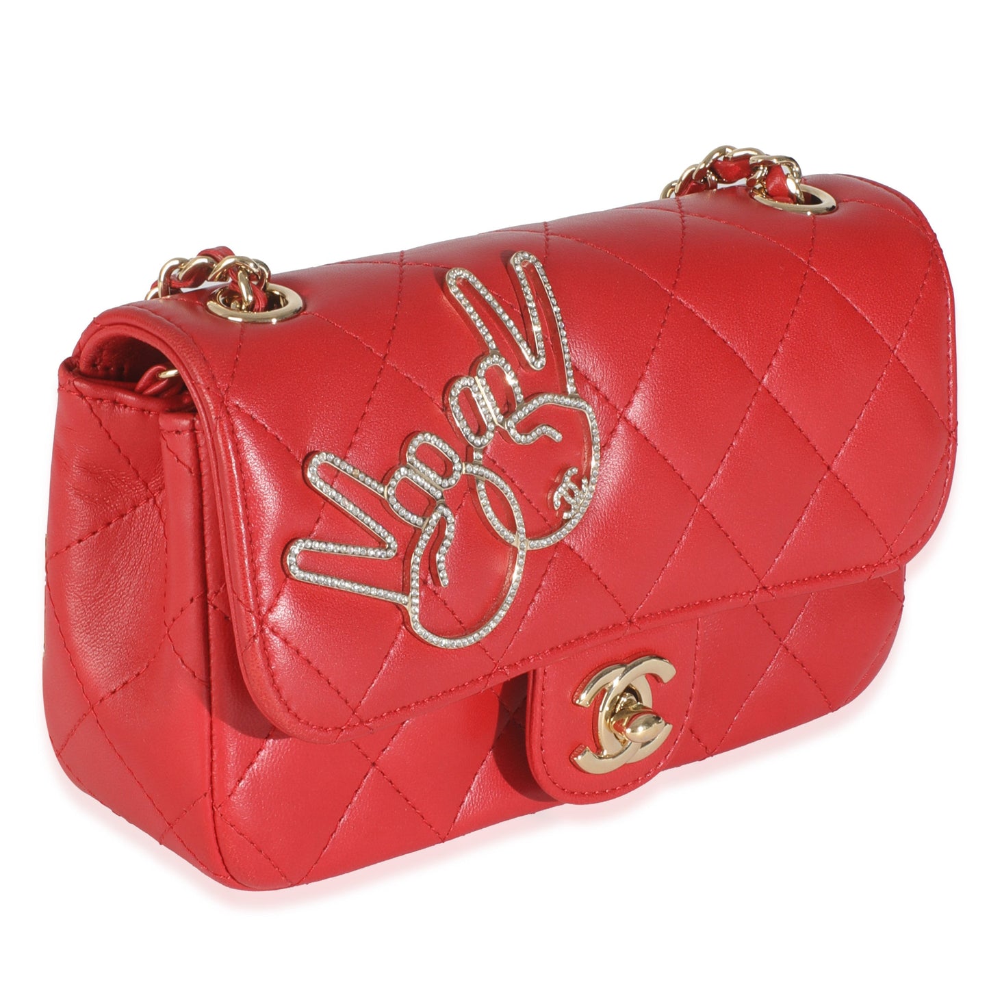 Red Quilted Lambskin V For Victory Mini Flap Bag