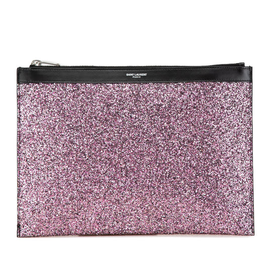 Saint Laurent Glittered Leather Zipped Tablet Pouch Pink