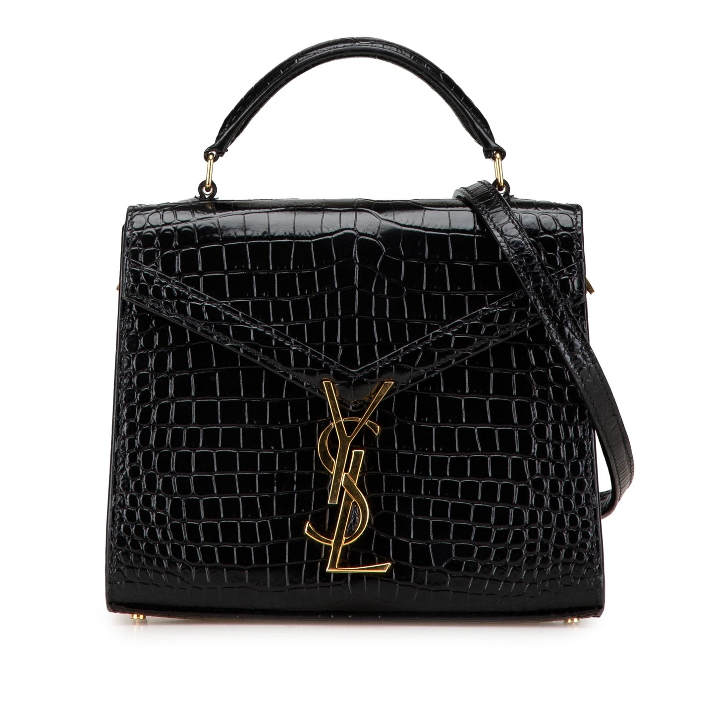 Saint Laurent Mini Croc Embossed Monogram Cassandra Satchel Black