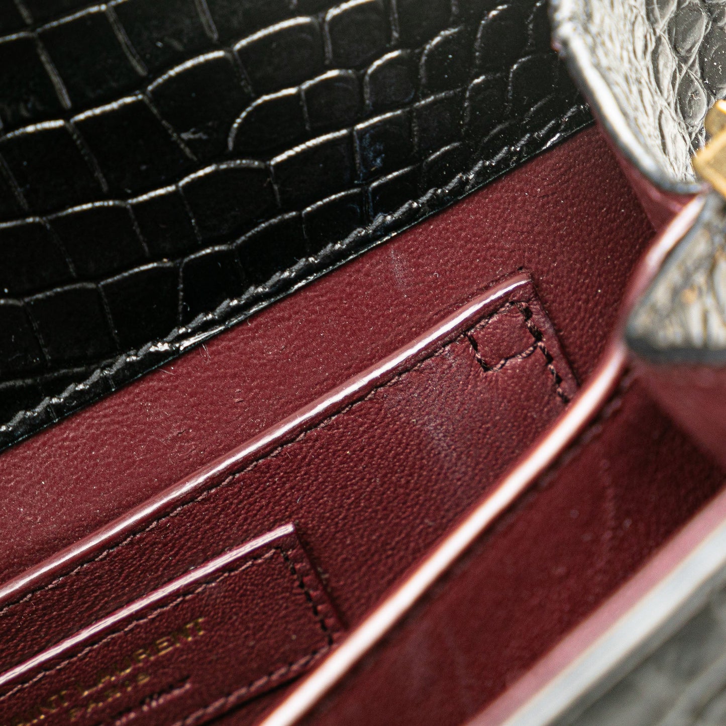 Saint Laurent Mini Croc Embossed Monogram Cassandra Satchel Black