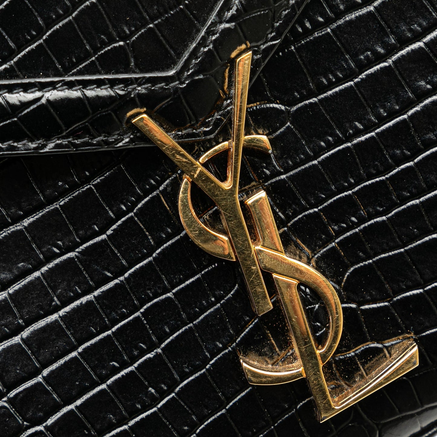 Saint Laurent Mini Croc Embossed Monogram Cassandra Satchel Black