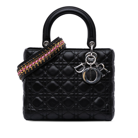 Dior Medium Lambskin Cannage Crystal Strap Lady Dior Black