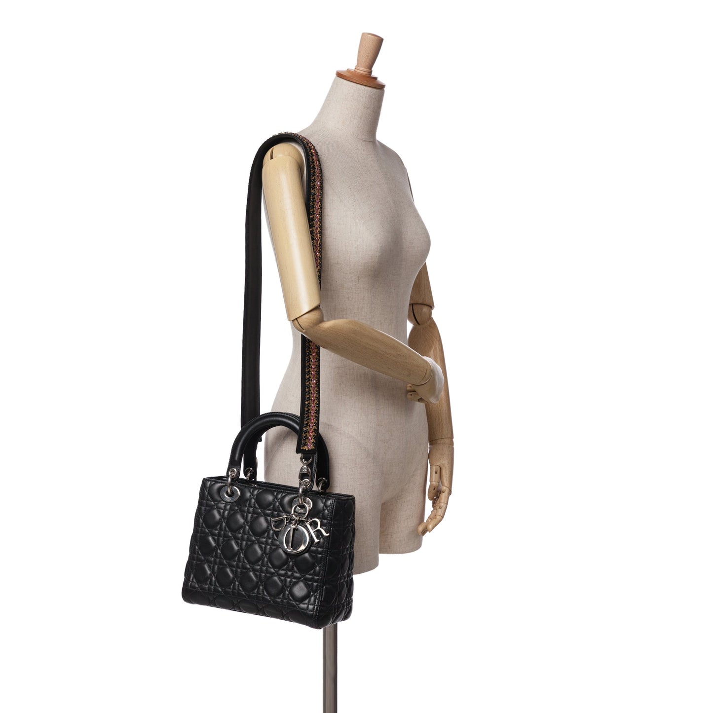Dior Medium Lambskin Cannage Crystal Strap Lady Dior Black