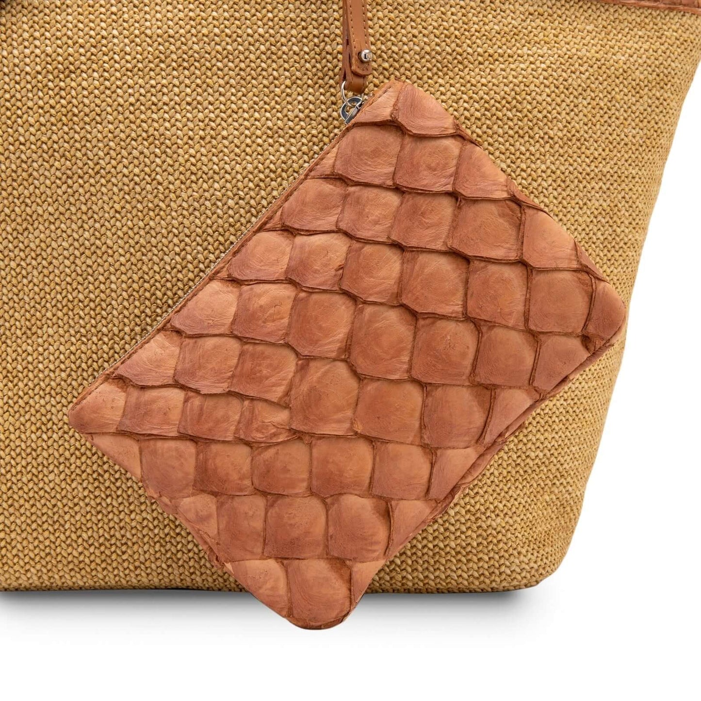 Rio Beach Bag - Cognac Pirarucu and Camel Raffia