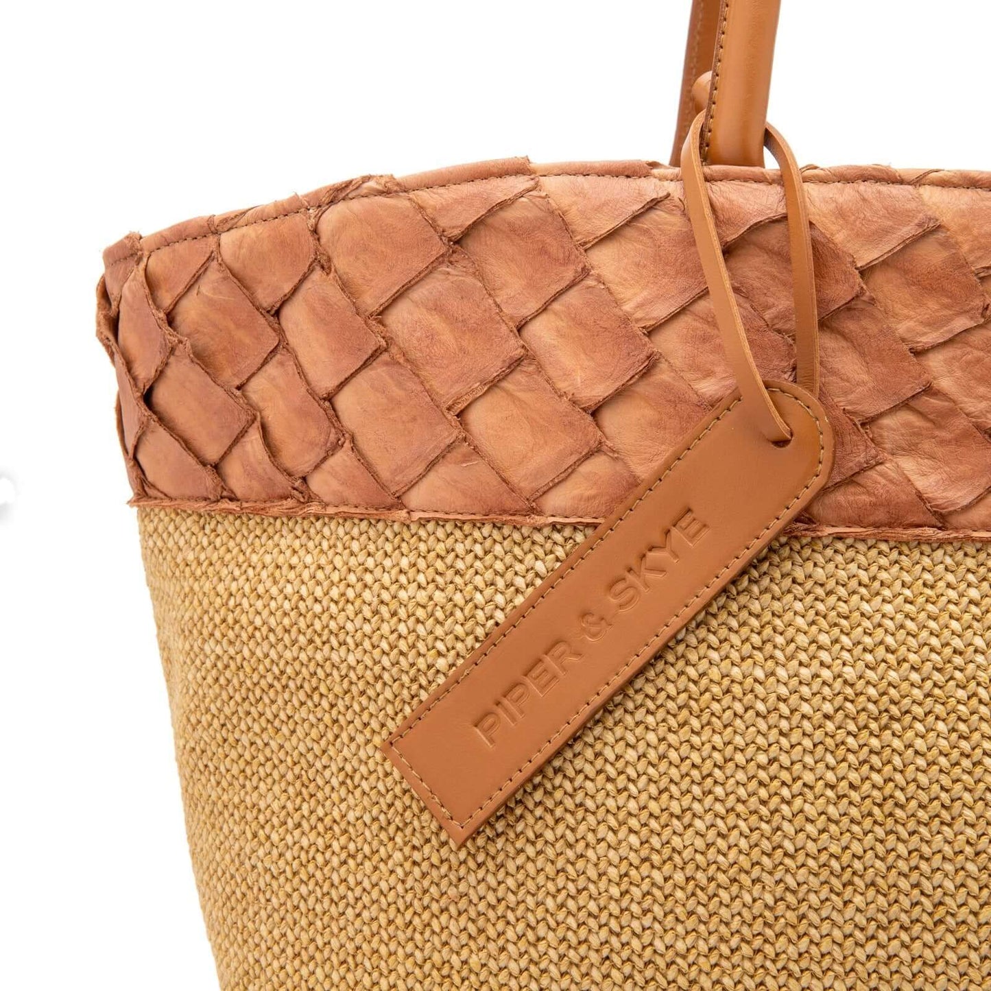 Rio Beach Bag - Cognac Pirarucu and Camel Raffia