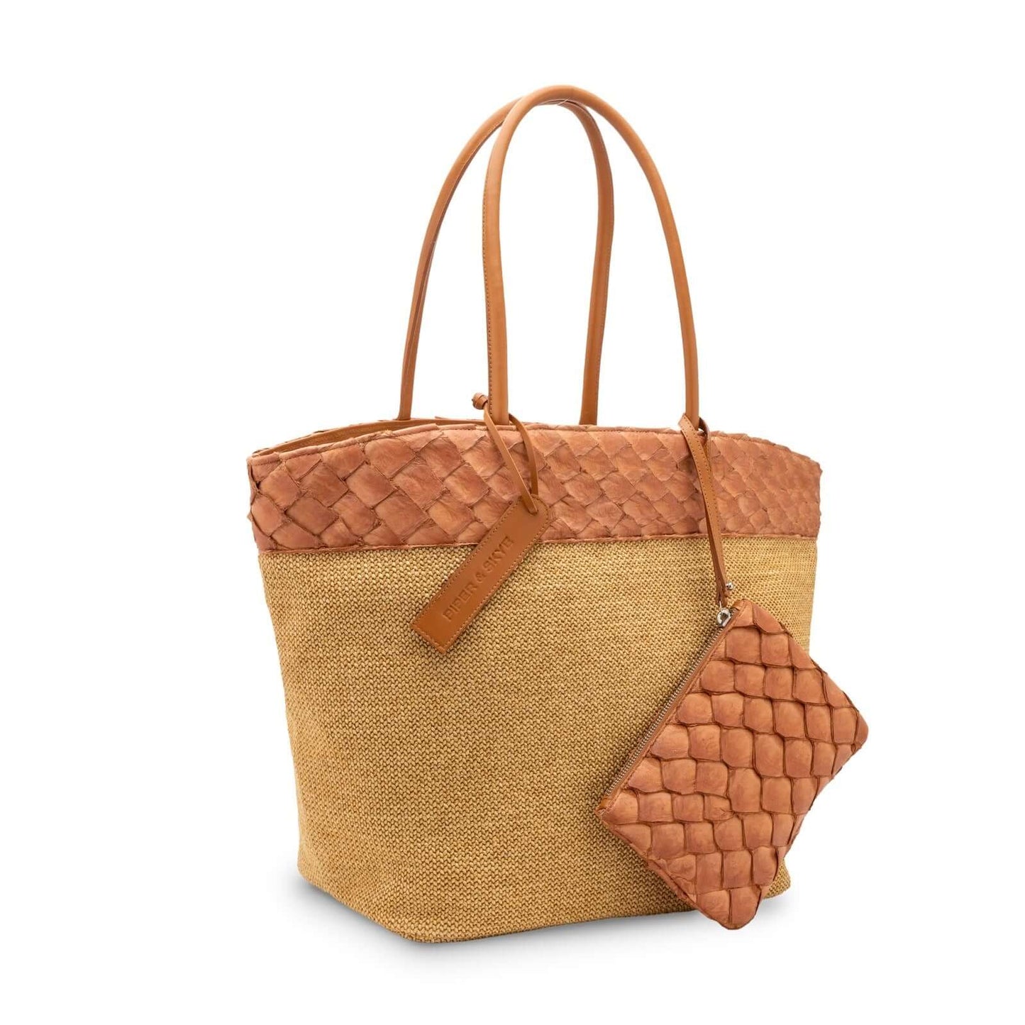 Rio Beach Bag - Cognac Pirarucu and Camel Raffia