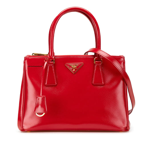 Prada Small Saffiano Vernice Galleria Double Zip Satchel Red