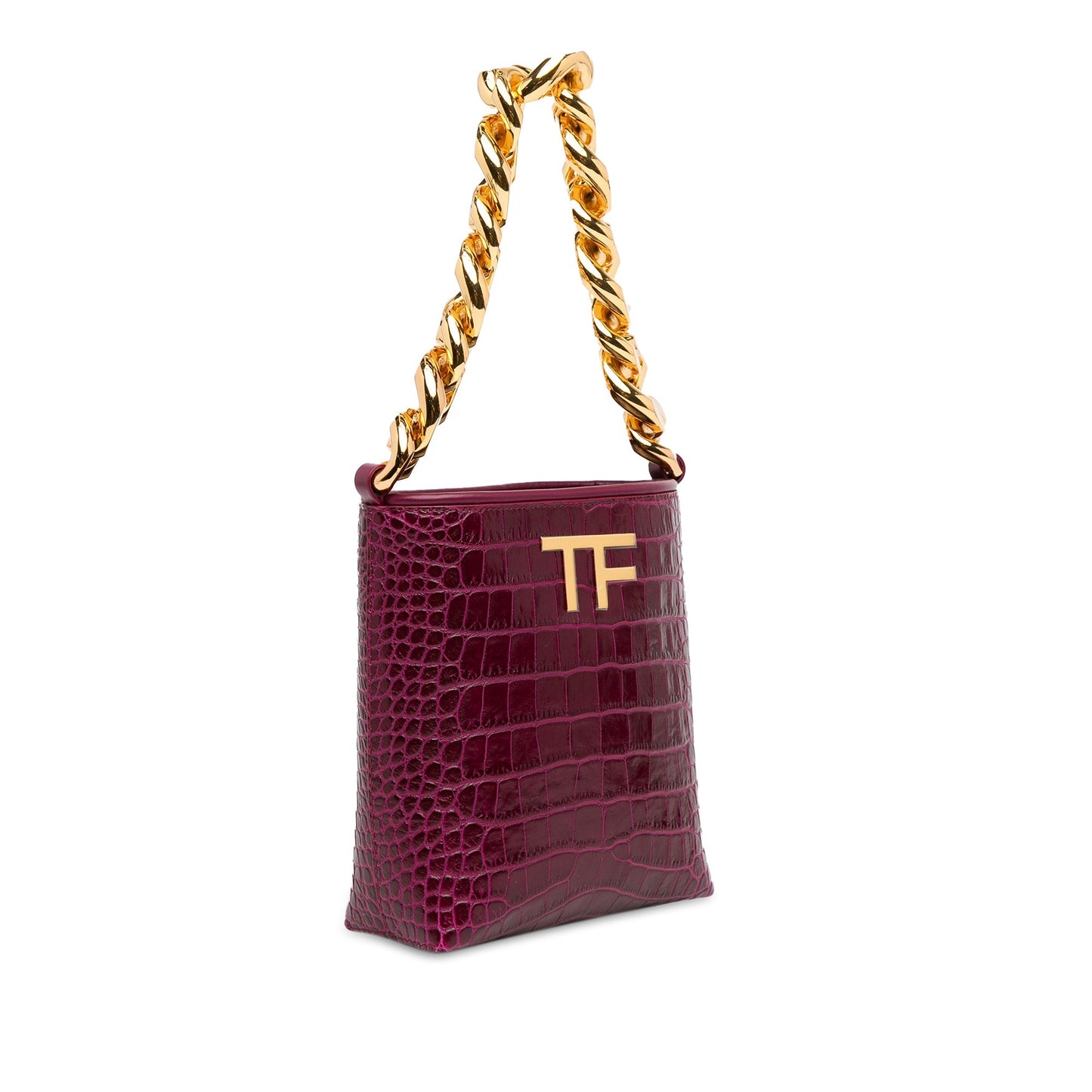 Tom Ford Mini Croc-Embossed Chain Bucket Bag Purple