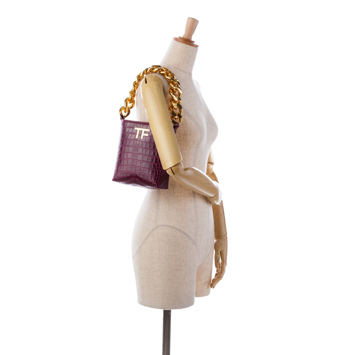 Tom Ford Mini Croc-Embossed Chain Bucket Bag Purple