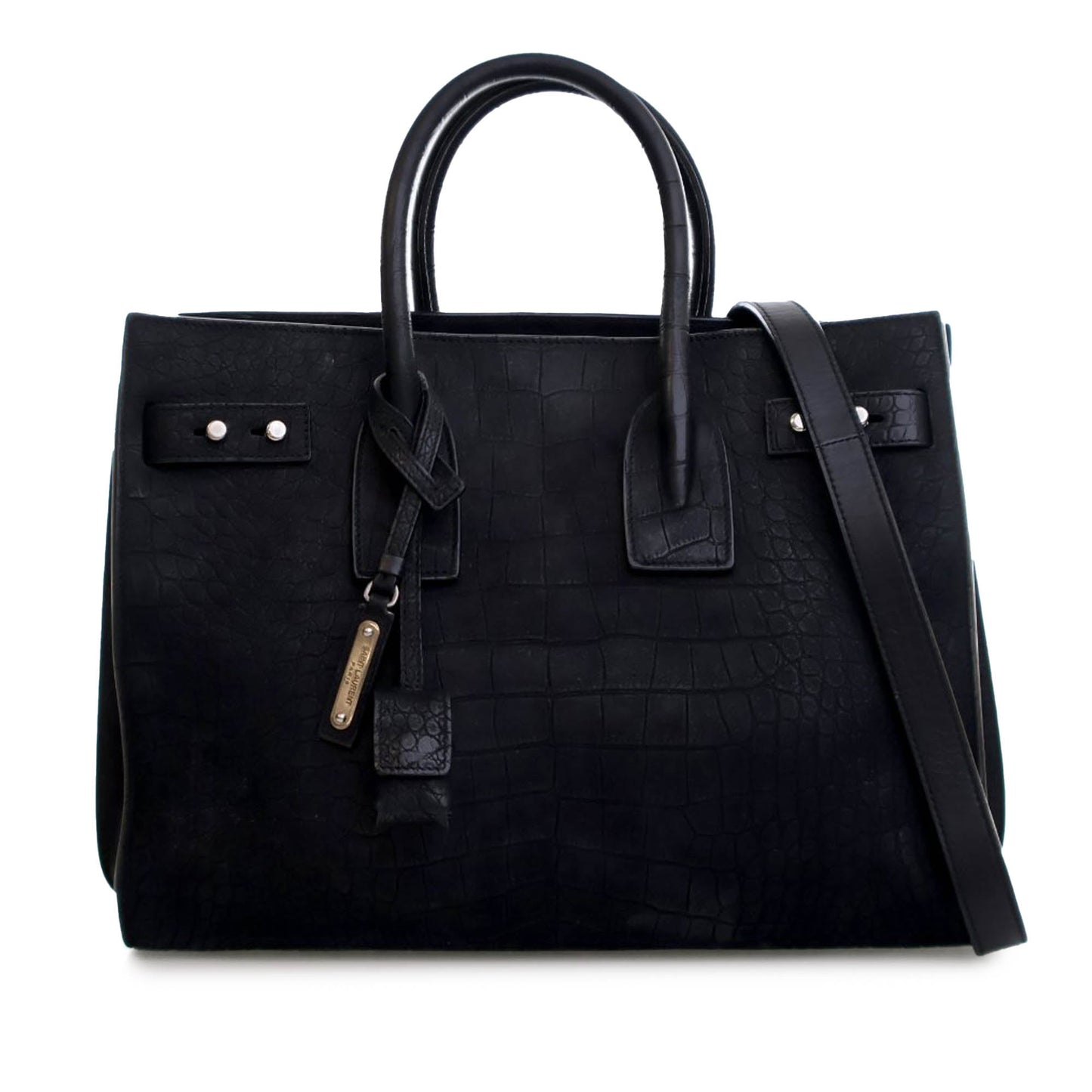 Saint Laurent Small Croc Embossed Suede Sac De Jour Satchel Black