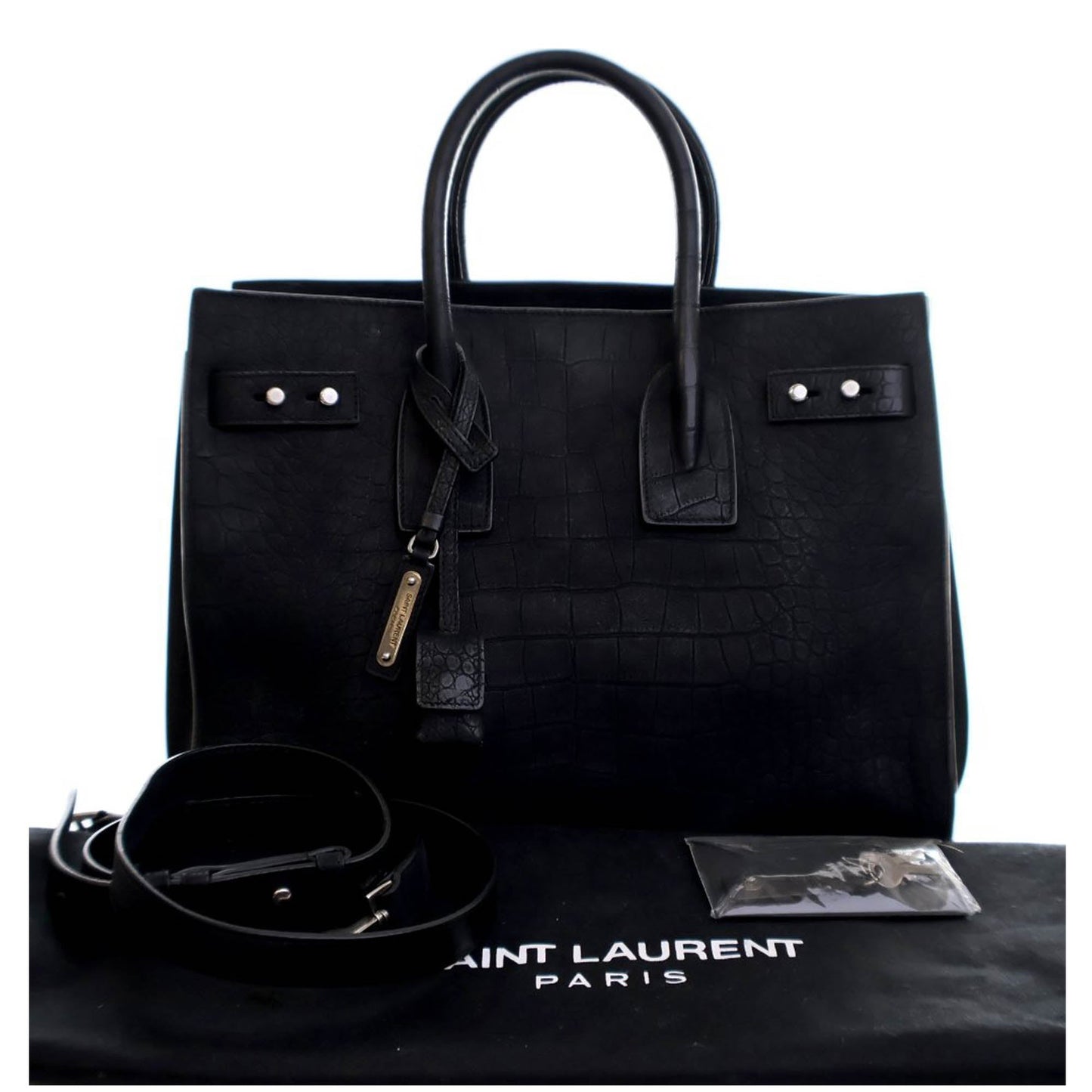 Saint Laurent Small Croc Embossed Suede Sac De Jour Satchel Black