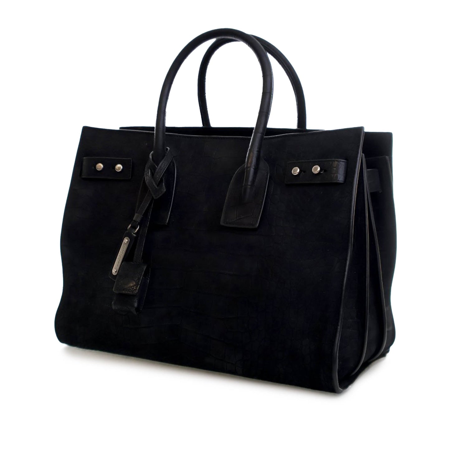 Saint Laurent Small Croc Embossed Suede Sac De Jour Satchel Black
