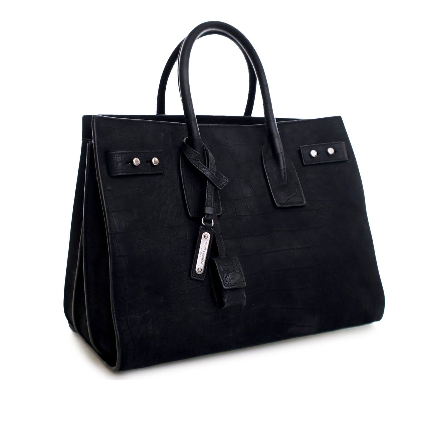 Saint Laurent Small Croc Embossed Suede Sac De Jour Satchel Black