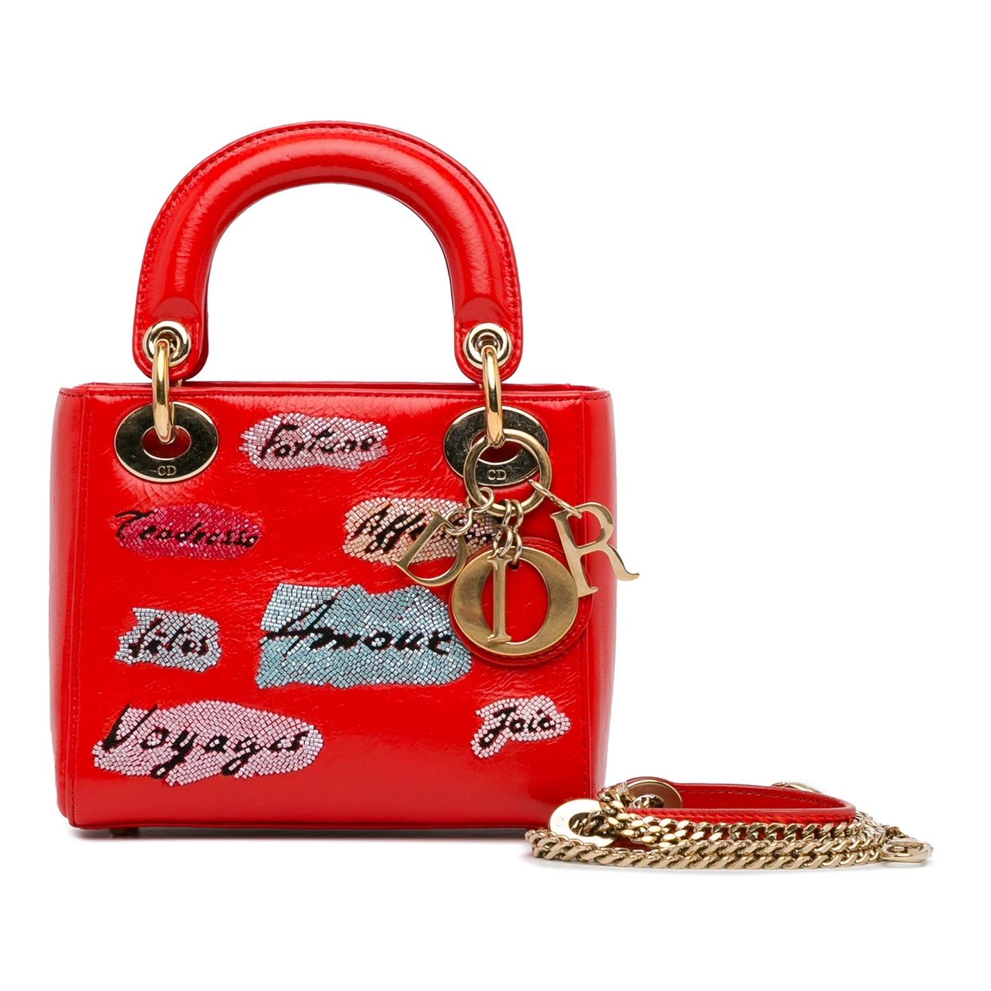 Dior Mini Calfskin Sequin Embellished Lady Dior Red