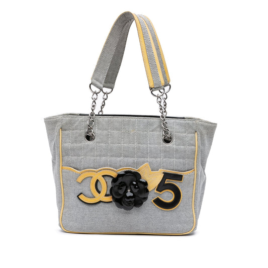 Chanel CC Camellia No. 5 Choco Bar Canvas Tote Gray